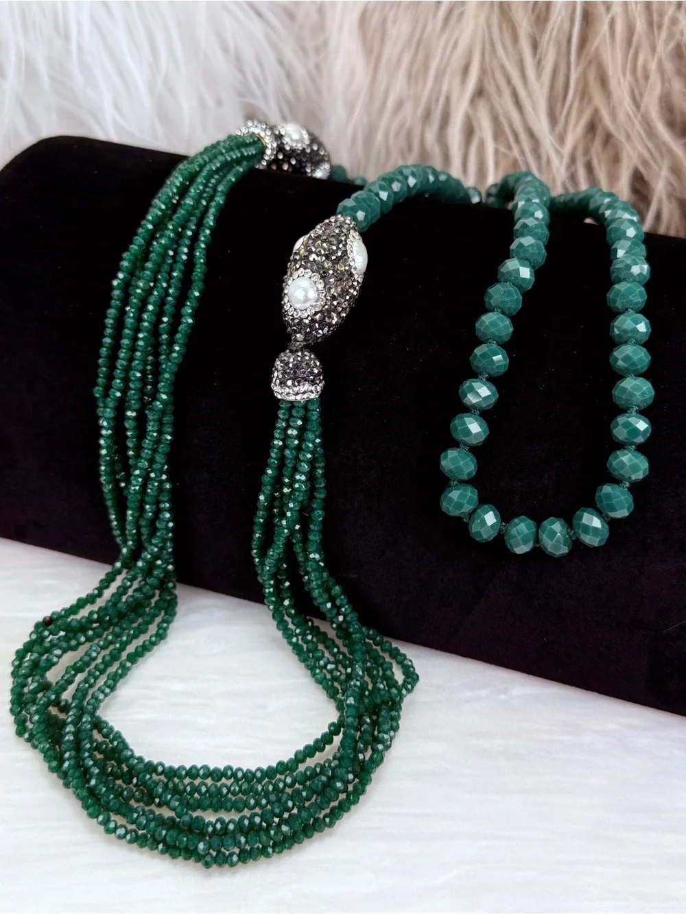 Emerald Green Multi Strand Faceted Bead Ornate Slip On Statement Necklace